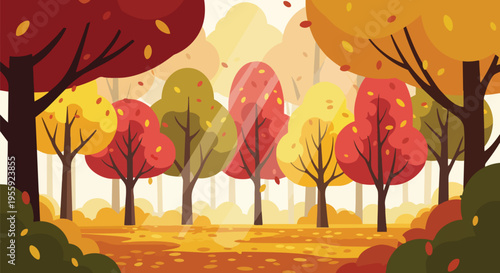 A vibrant autumn forest illustration features colorful trees with red, orange, and yellow foliage, creating a serene and picturesque seasonal