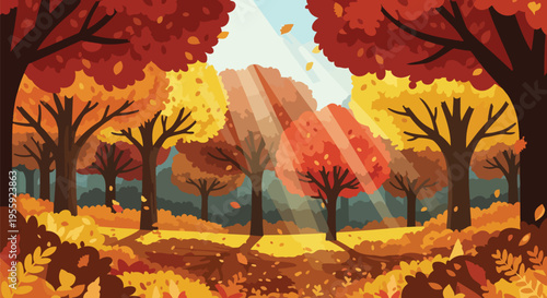 Vibrant autumn forest scene with sun rays illuminating colorful foliage and scattered leaves. This serene natural setting evokes the beauty of the