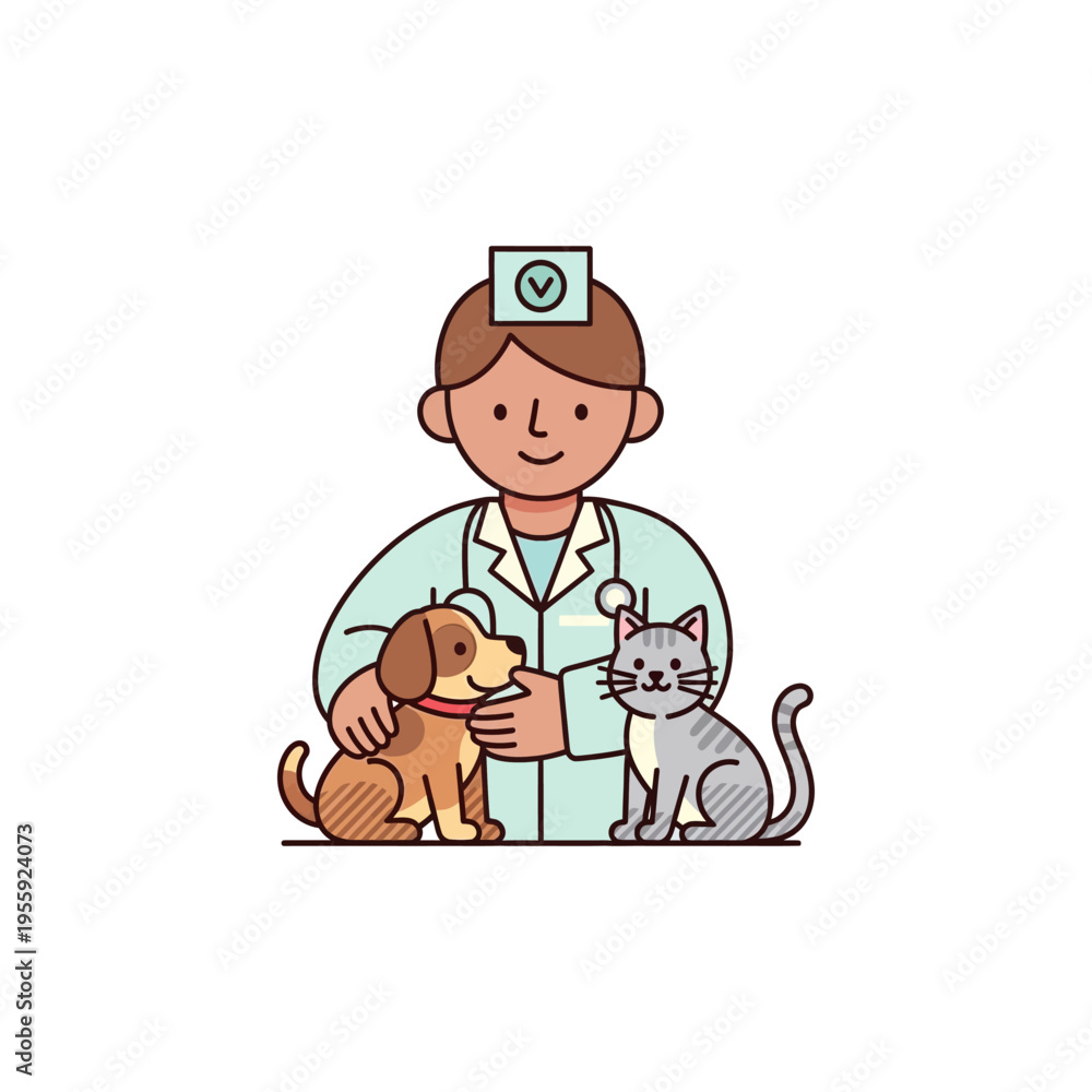 Fototapeta premium A friendly veterinarian wearing a lab coat and stethoscope, with a happy dog and a curious cat.