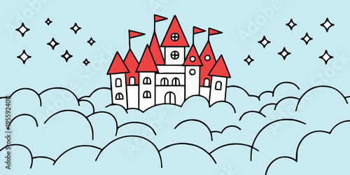 castle line drawing fairy tale tower among clouds stars for children