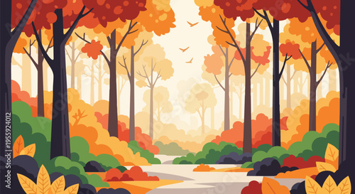 Vibrant flat illustration of an autumn forest, depicting tall trees with red, orange, golden foliage, a tranquil path, and birds flying in a bright