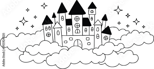 castle floating in clouds line art fantasy coloring book for kids page