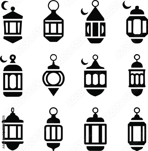 lantern black silhouette vector icons with crescent and mosque