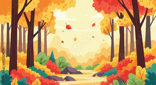 Vibrant autumnal forest landscape with stylized trees and falling leaves a cheerful seasonal illustration