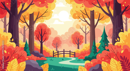 Vibrant autumn forest landscape with colorful trees and a winding path leading to a rustic bridge under a bright sky. This charming flat