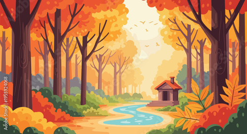 Autumn's golden embrace reveals a cozy riverside dwelling amidst a vibrant forest path, a serene seasonal illustration, capturing tranquil beauty