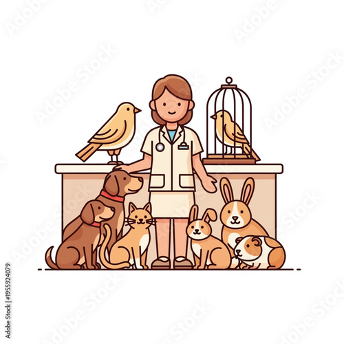 A friendly veterinarian stands behind a counter surrounded by various happy pets including dogs, cats, rabbits, guinea pigs, and birds.