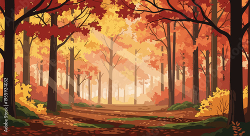 Enchanting autumnal woodland trail illuminated by gentle sunbeams filtering through a canopy of radiant scarlet and amber leaves, creating a serene,