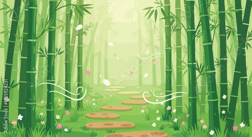 A tranquil pathway winds through a vibrant bamboo forest where delicate petals dance on a gentle breeze creating a soothing natural scene