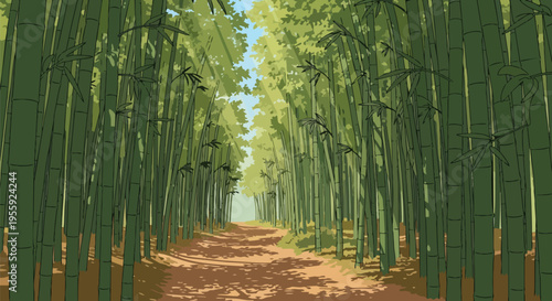 A picturesque pathway through a tranquil bamboo forest under sunlit canopies, where dappled light creates a serene and peaceful atmosphere for