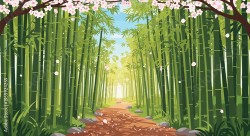Enchanting bamboo forest pathway with falling cherry blossoms leading towards bright light