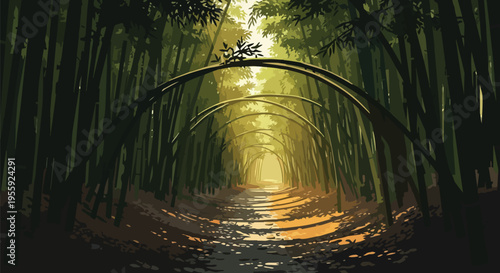 A captivating, verdant bamboo forest path extends into a radiant glow, deep within nature's serene embrace, creating an inviting, tranquil journey