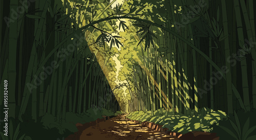 Path through a dense bamboo forest, sunlight filters through the canopy, casting dappled light on the ground, creating a serene and natural