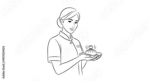 Spa therapist holding herbal compress ball for massage, line art illustration