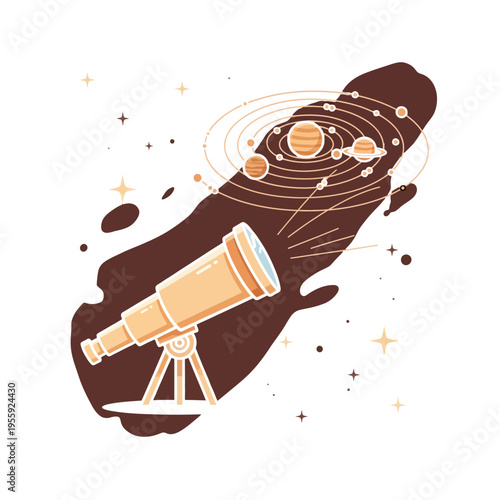 A vintage telescope is pointed towards a stylized representation of the solar system, complete with planets and orbits.