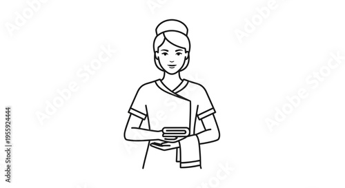 Spa worker holding folded towels, minimalist line art illustration