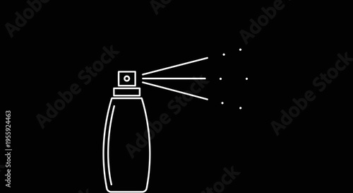 Spray Bottle Icon with Mist or Liquid Spraying Out - Minimalist White Line Art on Black Background