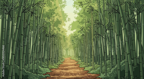 Tranquil bamboo forest path illuminated by dappled sunlight. A verdant corridor of towering green stalks creates a peaceful, inviting natural