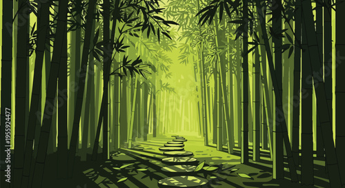 An enchanting illustrated journey through a vibrant green bamboo forest, where sun-dappled stepping stones invite serene exploration into nature's