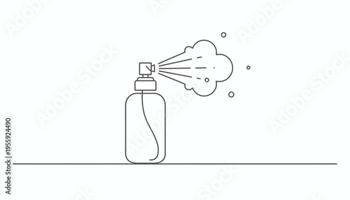 Spray bottle spraying mist, minimalist line art, isolated on white background