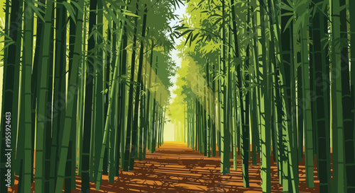 Serene pathway through a sun-drenched bamboo grove, leading to a radiant light