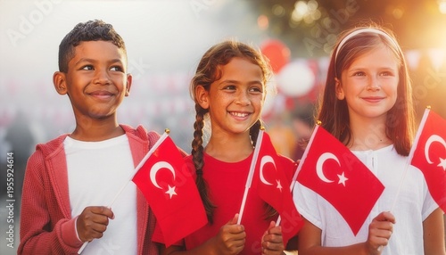 Happy diverse children holding Turkish flags at a national holiday celebration for 23 Nisan in Turkey with warm sunlight