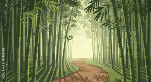 A tranquil pathway winds through a dense, vibrant bamboo grove, bathed in soft ethereal light, leading towards an unknown peaceful destination of