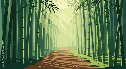 Sun-drenched pathway winding through a vibrant stylized bamboo forest, illustrating serene nature and a peaceful journey ahead