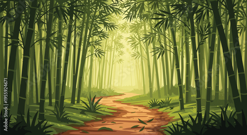 A captivating forest path winds through a dense bamboo grove, illuminated by a soft, ethereal glow, inviting peaceful reflection and tranquil