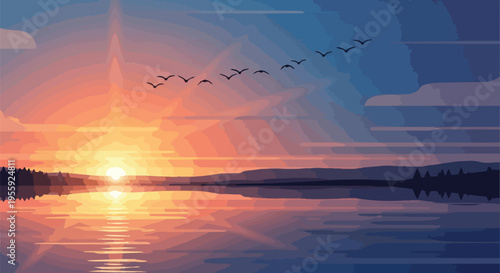 Stylized digital artwork showcasing a serene lakeside sunset with vibrant sky reflections, a flock of birds gracefully migrating towards the horizon