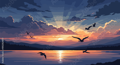 A breathtaking tranquil evening seascape with magnificent colorful clouds reflecting the vibrant sunset over calm waters, showcasing silhouetted