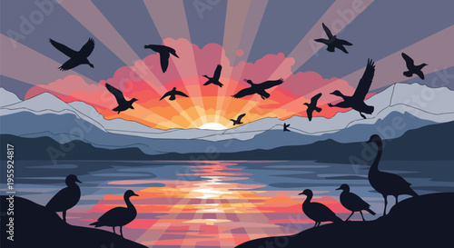Glorious sunrise over a calm mountain lake with numerous birds flying and resting peacefully, reflecting vibrant colorful light upon the still