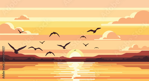 A captivating flat vector artwork showcasing a serene sunset over vast shimmering water with a flock of birds silhouetted against the gradient sky