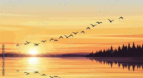 An idyllic vector illustration of birds migrating at a vibrant golden hour, with a serene lake reflecting the warm sunset hues and dark forest