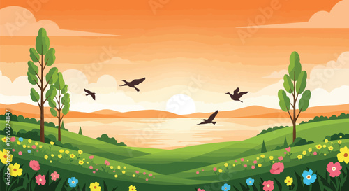 Vibrant dawn landscape with flying birds over a tranquil lake and rolling hills adorned with colorful wildflowers
