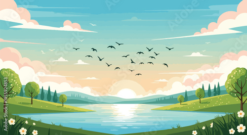 Serene dawn over tranquil waters with migrating birds soaring high amidst a picturesque landscape painted with soft hues and lush green valleys