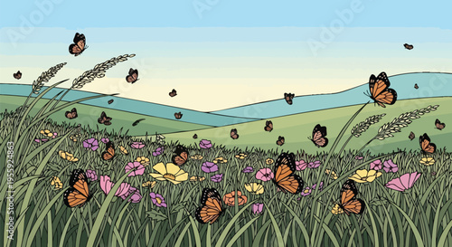 An enchanting vibrant meadow scene where monarch butterflies dance among wildflowers and tall grasses under a serene sky