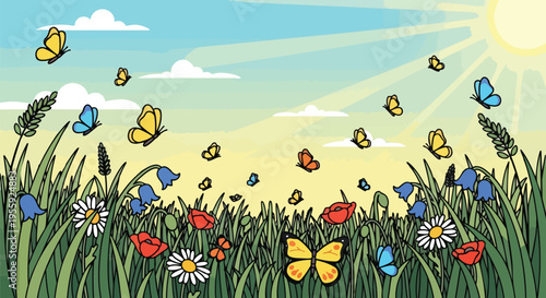 A delightful illustration of a blooming spring meadow filled with vibrant wildflowers and an abundance of graceful butterflies dancing freely under