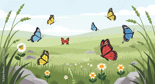 Vibrant butterfly meadow scene featuring a delightful array of colorful insects fluttering gracefully amidst blooming wildflowers and lush green