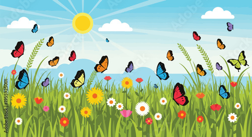 Colorful cartoon meadow scene with vibrant butterflies dancing among wildflowers under a sunny blue sky
