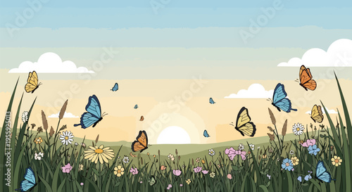 Colorful butterflies gracefully dance over a vibrant wildflower meadow under a gentle sunrise, evoking feelings of peace, freedom, and natural