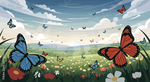 Vibrant butterfly meadow scene under a clear sky with diverse flora and fauna creating a serene natural landscape perfect for evoking joy and