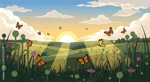 A captivating and serene illustrated natural landscape scene unfolding at sunrise, where numerous vibrant butterflies joyfully dance above lush