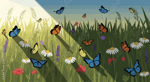 A vibrant summer meadow scene with colorful butterflies and wildflowers basking in warm, dappled sunlight, creating a tranquil and picturesque