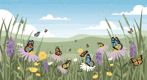 Vibrant meadow ecosystem with diverse butterflies dancing gracefully among blooming wildflowers under a clear sky