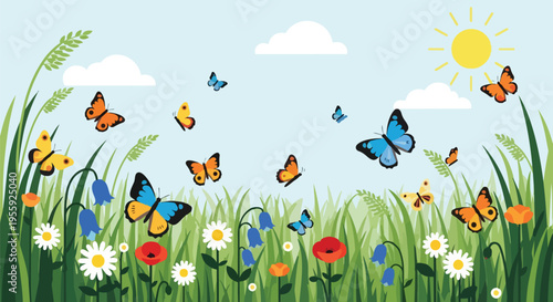 Lively spring meadow abuzz with playful butterflies amidst vibrant blossoms
