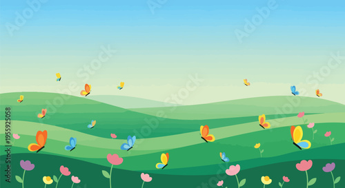 A delightful cartoon landscape illustration showcasing vibrant green rolling hills under a clear blue sky, adorned with a whimsical array of