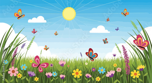 Vibrant animated meadow illustration with joyful butterflies and colorful blossoms under a radiant sky