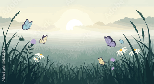 Tranquil morning landscape with vibrant butterflies, wildflowers, and misty hills
