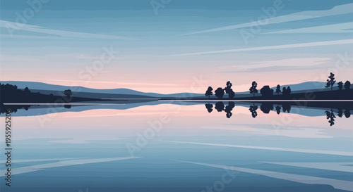 Serene lakeside panorama at twilight, tranquil water mirroring soft pastel sky hues and distant forest silhouettes, a peaceful minimalist landscape